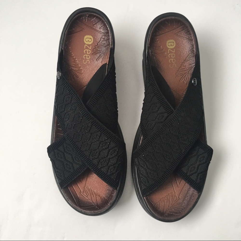 BZees sandals, wedge slides, black with shimmer